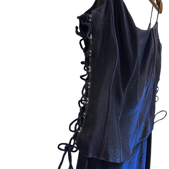 Beautiful Cache Dress Shiny Iridescent Blue Full Length 4 Vintage Lace Sides - Picture 4 of 9